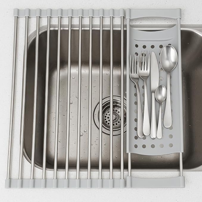 BNYD Roll Up Dish Drying Rack for Sink – 14.5" x 11" Stainless Steel Over The Sink Rack with Utensil Holder – Foldable, Heat-Resistant, Kitchen Counter Organizer