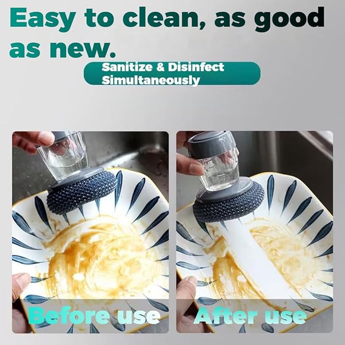 Comfort Grip Soap Dispensing Kitchen Scrub with 1/4/7 Cleaning Balls, Soap Dispensing Dish Brush Without Soap, Replaceable Cleaning Brush, for Cleaning Dishes, Pots, Pans & Sinks (1+1PcBalls)