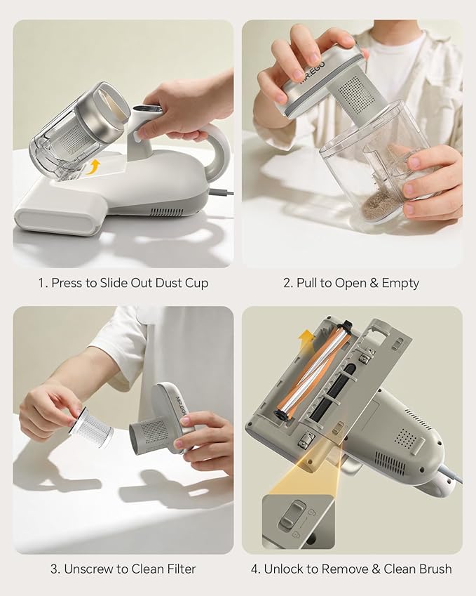 Mr.ego Mattress Vacuum Cleaner, 4-in-1 Bed Vacuum Cleaner, 16kPa Strong Suction, 253.7 nm UV-C Light & Ultrasonic, Dual Dust Cup, Wide Suction Port, Corded Handheld Vacuum for Bed, Sofa, Crib