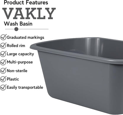 Vakly Wash Basins – Rectangular Plastic Hospital Bedside Soaking Tub - Small 7 Qt Graduated Bucket - Portable Washbasin for Washing, Cleaning, Foot Bath, Dishes, Face Cleansing Bowl (3)