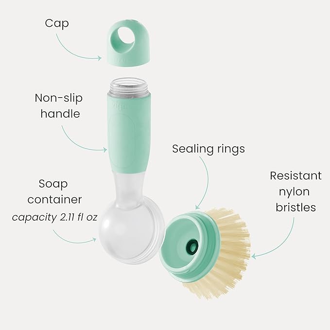 Vigar Rengo Dish Brush with Soap Dispenser - Dish Scrubber with Handle, Kitchen Scrub Brush for Dishes, Sink Cleaning Brush, Soap Dispensing Dish Wand with Nylon Bristles, Non Scratch - Turquoise
