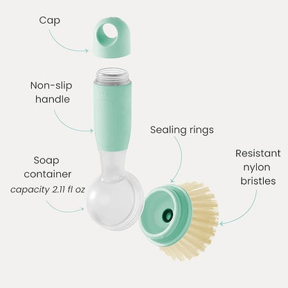 Vigar Rengo Dish Brush with Soap Dispenser - Dish Scrubber with Handle, Kitchen Scrub Brush for Dishes, Sink Cleaning Brush, Soap Dispensing Dish Wand with Nylon Bristles, Non Scratch - Turquoise