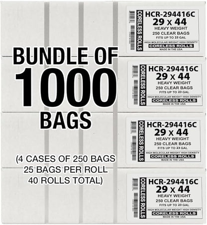 Aluf Plastics High Density Trash Bags, 26 Gallon, 1000 Count, 16 Micron (eq), 29" x 44", Clear, for Bathroom, Office, Industrial, Commercial, Janitorial, Municipal, Recycling