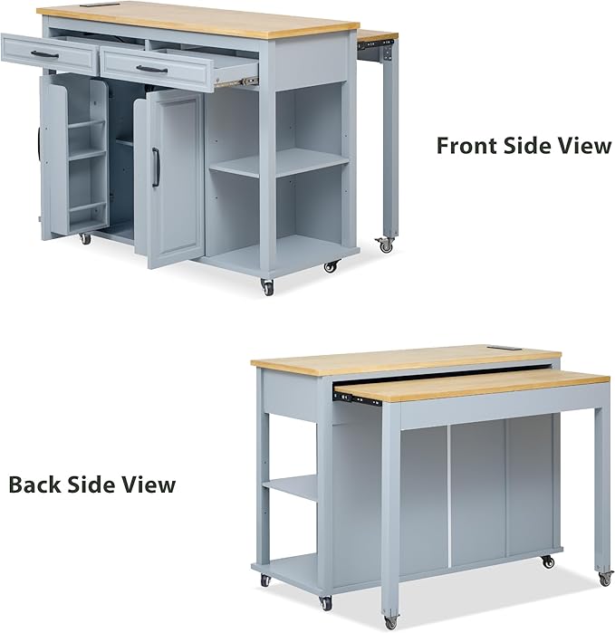 47" Kitchen Island with Extendable Dining Table, Movable Farmhouse Kitchen Islands with Storage Rack, Power Outlet, Island Table on Wheels with 2 Storage Drawers & 2 Cabinets, Grey Blue