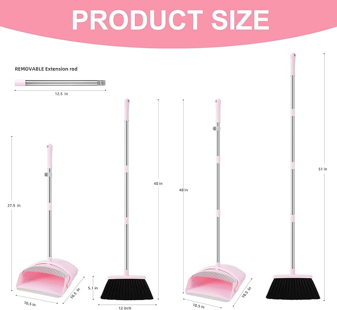BSKLIN Broom and Dustpan Set, 52” Long Adjustable Handle Broom with Dustpan Combo Set with Dust Pan Teeth to Clean Hair for Home Lobby Office (Pink)