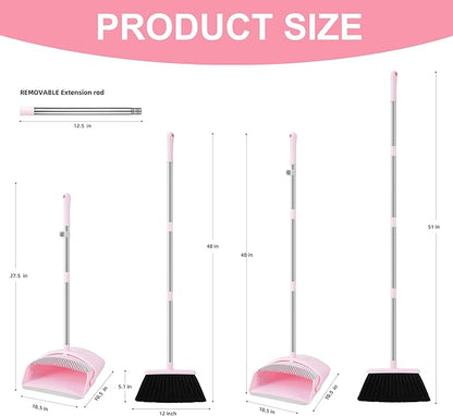BSKLIN Broom and Dustpan Set, 52” Long Adjustable Handle Broom with Dustpan Combo Set with Dust Pan Teeth to Clean Hair for Home Lobby Office (Pink)