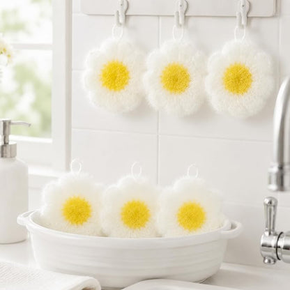 6 Piecs Daisy Shape Dish Sponge Dual Sided Non Scratch Daisy Dish Washing Scrubbers, Reusable Household Cleaning Kitchen Tools for Dishwashing Washing Dishes Cookware