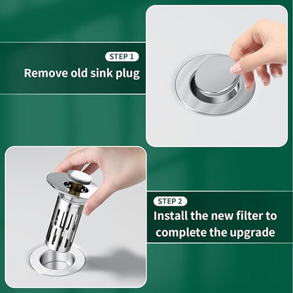 Vodolo 3 in 1 Sink Drain Strainer with Hair Catcher,Stainless Steel Popup Sink Stopper with Basket for Bathroom Kitchen Shower,Pop-up Bounce Core Floor Basin Drain Filter,Replacement Sink Plug 1PCS