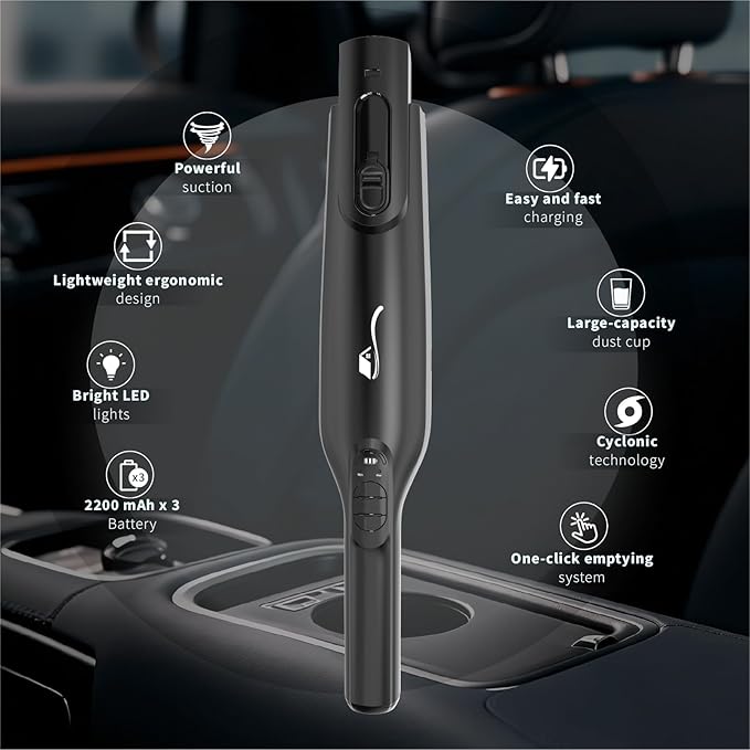 Cordless Handheld Vacuum, Lightweight Portable Hand Vacuum Cleaner with LED Light,Rechargeable Hand Held Vacuum with One-Touch Empty, Powerful Suction for Office, Home,Car,Black