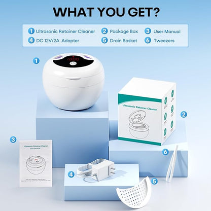 Upgraded Ultrasonic Retainer Cleaner Machine, 48kHz Ultrasonic Dentures Cleaner for Mouth Guards, Braces, Aligner, Toothbrush & Jewelry, 200ML Capacity, White