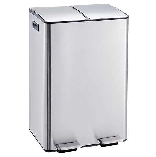 Takywep 2 x 8 Gal (2 x 30L) Kitchen Dual Trash Can, Stainless Steel Double Trash Can with 2 Removable Inner Buckets, Soft-Close Lid, Double Compartment Recycling Bin for Kitchen Home Office, Silver