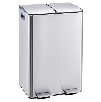 Takywep 2 x 8 Gal (2 x 30L) Kitchen Dual Trash Can, Stainless Steel Double Trash Can with 2 Removable Inner Buckets, Soft-Close Lid, Double Compartment Recycling Bin for Kitchen Home Office, Silver
