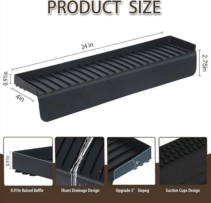 Silicone Sink Edge Protector with Suction Cup 4" x 24",Kitchen Sink Splash Guard for Kitchen, Bathroom Sink, Steel, Granite, Quartz Countertops,Multifuctional Sink Accessories (Black)
