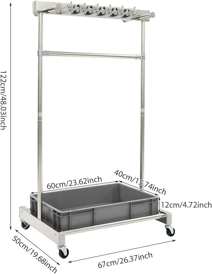 Broom Mop Holder Cleaning Supplies Organizer, Mobile Mop Rack with Water Basin & 12 Hooks, Freestanding Cleaning Tool Cart Storage Rack for Home Garden Garage Schools Hotels (Grey Basin)