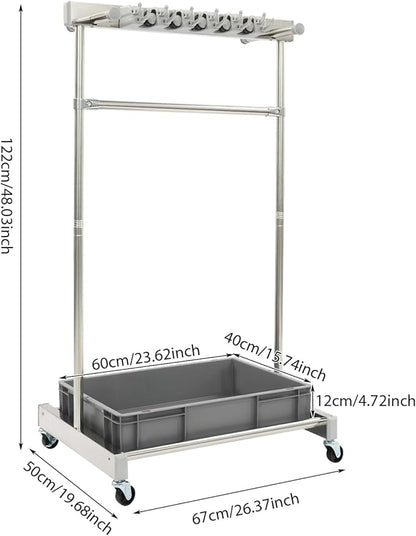 Broom Mop Holder Cleaning Supplies Organizer, Mobile Mop Rack with Water Basin & 12 Hooks, Freestanding Cleaning Tool Cart Storage Rack for Home Garden Garage Schools Hotels (Grey Basin)