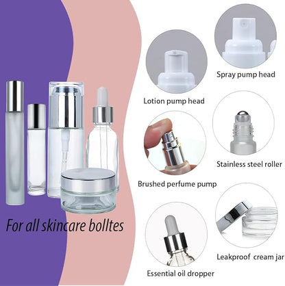 Glass Travel Bottles for Toiletries, TSA Approved Travel Size Containers, Refillable, BPA Free Leak-Proof Bottles with Pump Spray Dropper & Roll-On for Toners, Creams, and Oils (Silver)