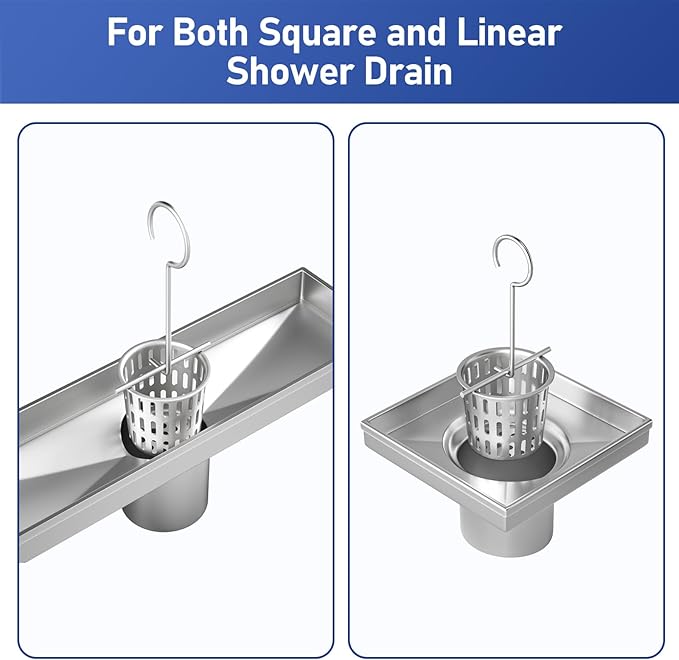 Hair Catcher Hair Strainer, 304 Stainless Steel Filter w/Stainless Drain Key Lifting Hook, Hair and Debris Trap for Bernkot Square Linear Shower Drain (Silver 1PC)