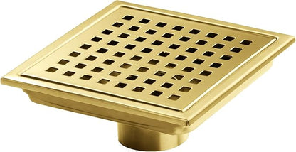 SaniteModar Shower Drain, 6 inch Shower Floor Square Drain with Flange, Removeable Grid Panel SUS 304 Stainless Steel Square Shower Drain, Brushed Gold