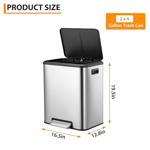 2 x 4 Gallon, Double Trash Can Kitchen for Recycling and Trash, 2 in 1 Garbage Bin, Touchless Motion, Recycle Bin Combo, Stainless Steel Dual Recycling Bins for Kitchens & Office