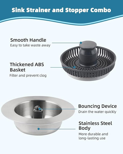 Universal Kitchen Sink Drain Strainer, 3 in 1 Stainless Steel Pop Up Kitchen Sink Stopper Strainer Combo with Handle Rod for US Standard 3-1/2 inch Drain Filter, Anti-Clog