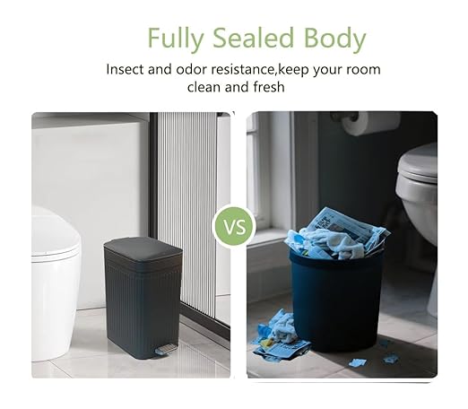Feisco Small Trash Can with Lid,Small Bathroom Trash Can with Foot Pedal and Press Type Lid,Slim Step-On Trash Bin Wastebasket Garbage Can for Kitchen,Bathroom Office, Bedroom (Gray, 1.8 Gallon)