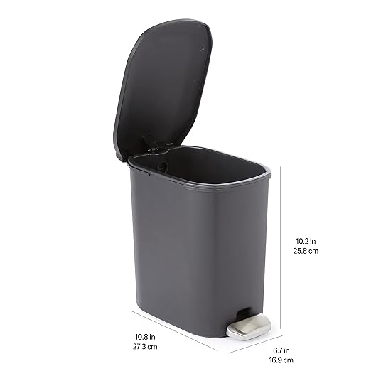 Amazon Basics Compact Plastic Bathroom Trash Can with Soft-Close Lid, Hands-Free Foot Pedal, Removable Inner Bucket, 6L / 1.6 Gallon, Black
