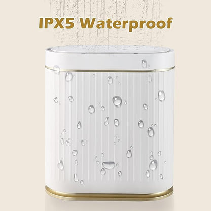 ELPHECO Bathroom Trash Can 2 Gallon Plastic Smart Garbage Can Waterproof 7.5L Wastebasket Bathroom Decor Narrow Garbage Bin with Automatic lid for Bedroom, Kitchen, Office, White Gold