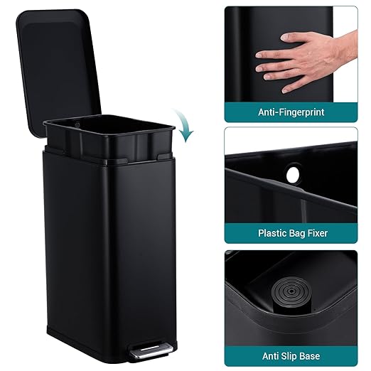 13-Gallon Kitchen Trash Can, 50-Liter Slim Stainless Steel Pedal Trash Bin, Pedal Trash Can with Soft-Close Lid, Fingerprint-Resistant, with Removable Inner Bucket, Suitable for Small Spaces,Black
