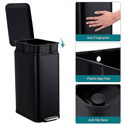 13-Gallon Kitchen Trash Can, 50-Liter Slim Stainless Steel Pedal Trash Bin, Pedal Trash Can with Soft-Close Lid, Fingerprint-Resistant, with Removable Inner Bucket, Suitable for Small Spaces,Black