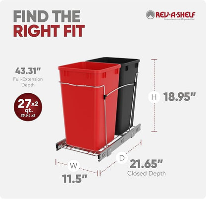 Rev-A-Shelf Pullout Trash Can for Kitchen Cabinets 27 Qt Garbage Recycling Bin with Full Extension Slides, Red/Black, RV-15KD-1618C-S