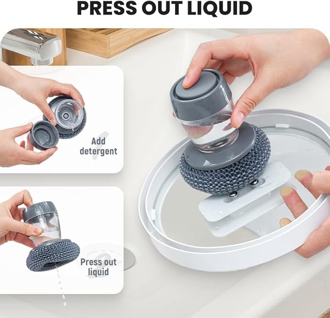 Multifunctional Pressing Cleaning Brush, Kitchen Soap Press Dispensing Brush, Metal Sponge with Detergent Dispenser (Stainless Steel)