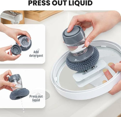 Multifunctional Pressing Cleaning Brush, Kitchen Soap Press Dispensing Brush, Metal Sponge with Detergent Dispenser (Stainless Steel)