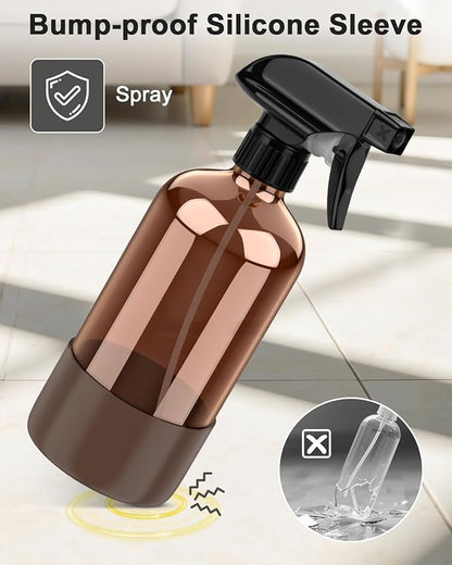 Bontip Amber Glass Spray Bottle with Silicone Sleeve Protection, 16 oz Refillable Spray Bottles for Cleaning Solutions, Plants, Aromatherapy, Facial Hydration (1, Brown, 16 oz)