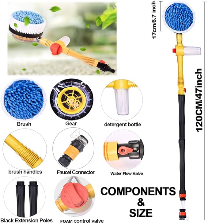 Spinning Car Wash Brush Soft Microfiber, Auto Rotate Car Brush Mop with Soap Dispenser, Exterior Car Cleaning Brush Attached to Hose,Soap Dispenser (Yellow)