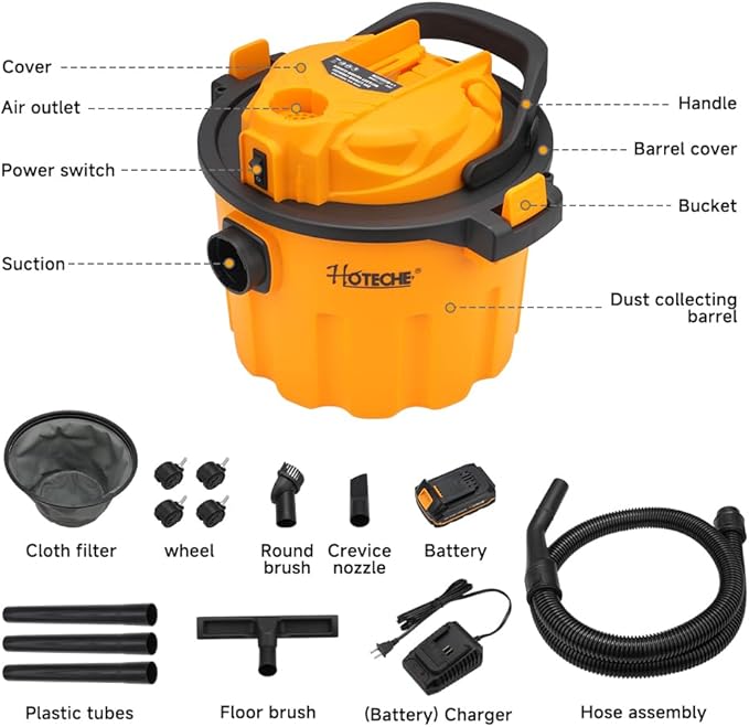 Hoteche 20V Cordless Shop Vacuum Portable Garage & Workshop Vac with 10L Dust Cup, Blowing Function, Quiet Operation