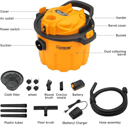 Hoteche 20V Cordless Shop Vacuum Portable Garage & Workshop Vac with 10L Dust Cup, Blowing Function, Quiet Operation