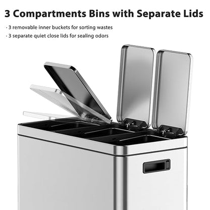 3 x 5.3 Gallon Kitchen Trash Can, 3 Compartment Garbage Can, Stainless Steel Rubbish Bin with Soft-Close Lid and Removable Inner Wastebasket for Kitchen, Home Office