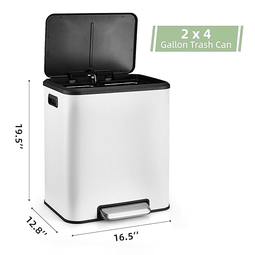 Kitchen Trash Can, 2x4 Gallon Rectangular Kitchen Waste Bin, Dual Separate Compartment Recycle Bin with Removable Plastic Inner Buckets, Soft Step-on with Lid