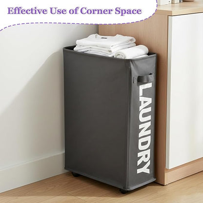 42L Narrow Rolling Laundry Basket, Slim Laundry Hamper with Wheels and Brake, Collapsible Skinny Laundry Cart for Dorm and Small Spaces, Dark Gray