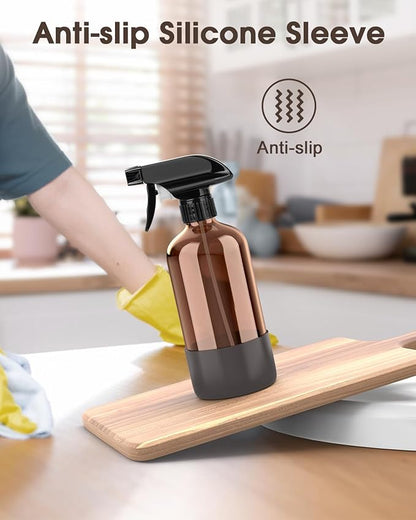 Bontip Glass Spray Bottle with Silicone Sleeve Protection, Amber Glass Spray Bottle Set for Window Cleaner Aromatherapy Facial Hydration Watering Flowers Hair Care 2 Pack/16 oz (Brown & Grey, 16 oz)