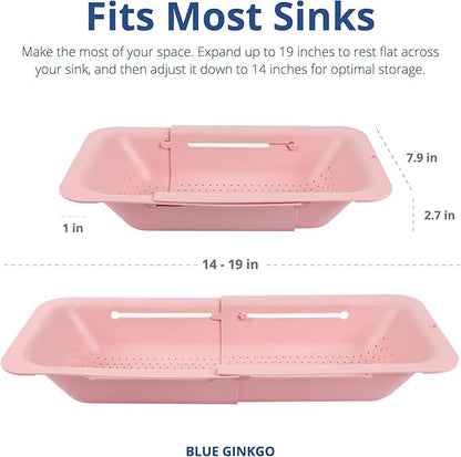 BLUE GINKGO Over the Sink Colander Strainer Basket - Wash Vegetables and Fruits, Drain Cooked Pasta and Dry Dishes - Extendable - New Home Kitchen Essentials (Pink, 1 Pack)