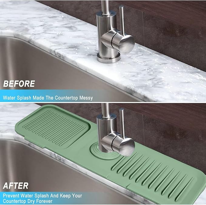 Sink Splash Guard, Silicone Sink Faucet Mat Sink Accessories Faucet Absorbent Mat for Kitchen, Bathroom, Sink Sponge Holder (Green)
