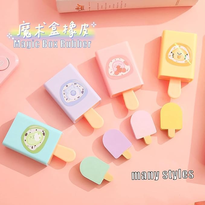 4pcs - Popsicle Shaped Fun Magic Box Eraser Cute Cartoon Ice Cream Chip Eraser-Fun erasers (4 Pieces)