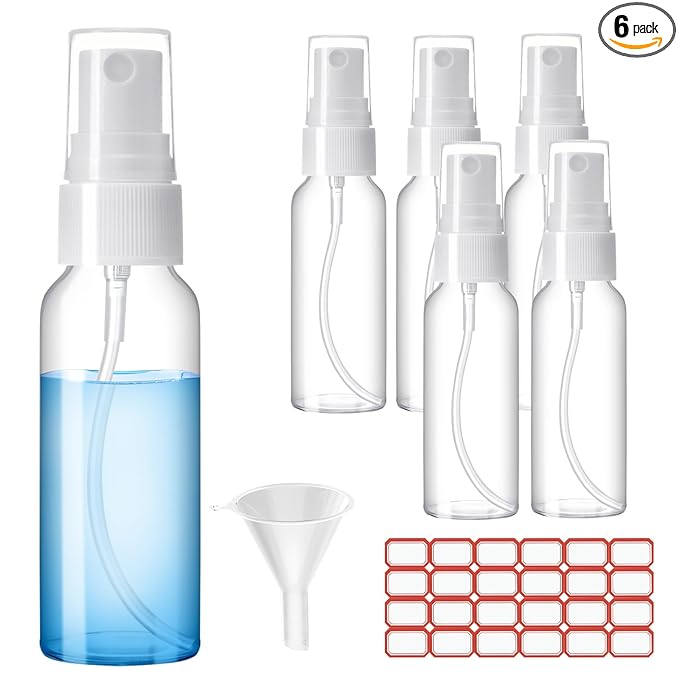 Zoizocp Spray Bottles, 2oz/50ml Clear Empty Fine Mist Plastic Mini Travel Bottle Set, Small Refillable Liquid Containers with 2pcs Funnels and 24pcs Labels (6 Pack)