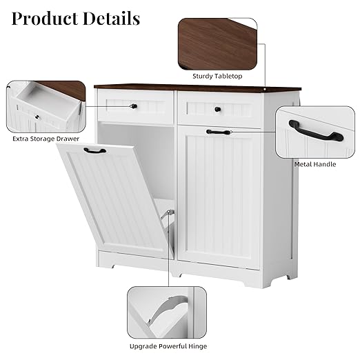 AHB Double Tilt Out Trash Can Cabinet for 2 Bins, Hidden Garbage Can Cabinet with Drawers, Wooden Trash Bin Cabinet, 10 Gallon Trash Can Holder Cabinet for Kitchen, Living Room, Laundry Room, White