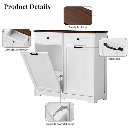 AHB Double Tilt Out Trash Can Cabinet for 2 Bins, Hidden Garbage Can Cabinet with Drawers, Wooden Trash Bin Cabinet, 10 Gallon Trash Can Holder Cabinet for Kitchen, Living Room, Laundry Room, White