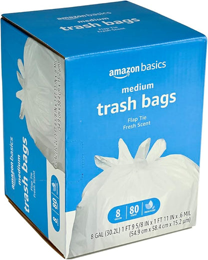 Amazon Basics 8 Gallon Flap Tie Trash Bags, Fresh Scent, 80 Count (Pack of 3)