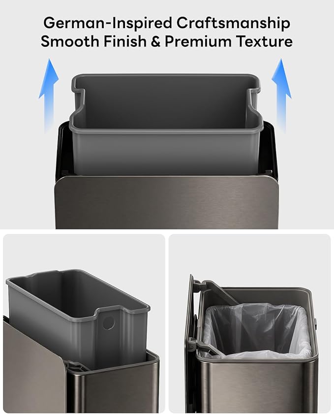 Kitchen Compost Bin, 10L/2.6G Trash Can with Lid, Slim Stainless Steel Hanging Garbage Bin for Kitchen, Bathroom, Bedroom, Office, Wall Mounted Compost Bin with Inner Bucket,Titanium Grey