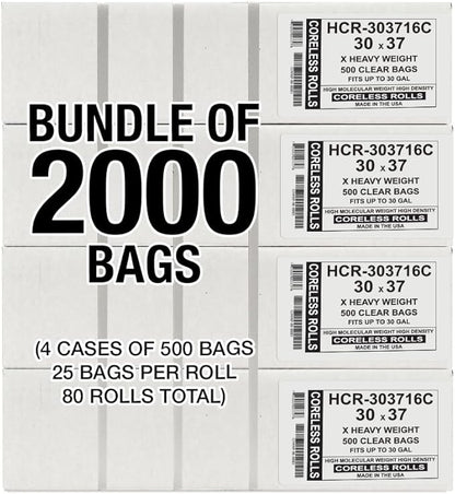 Aluf Plastics High Density Trash Bags, 30 Gallon, 2000 Count, 16 Micron (eq), 30" x 37", Clear, for Bathroom, Office, Industrial, Commercial, Janitorial, Municipal, Recycling