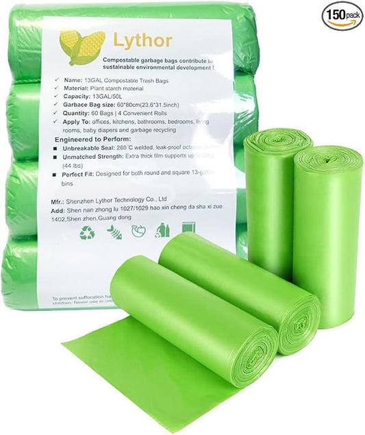 Compostable Trash Bags, Small Disposable Compost Bags 60 Count - Extra Thick & Leak-Proof Compostable Kitchen Garbage Bags for Standard 13 Gal / 50 Liter Trash Cans